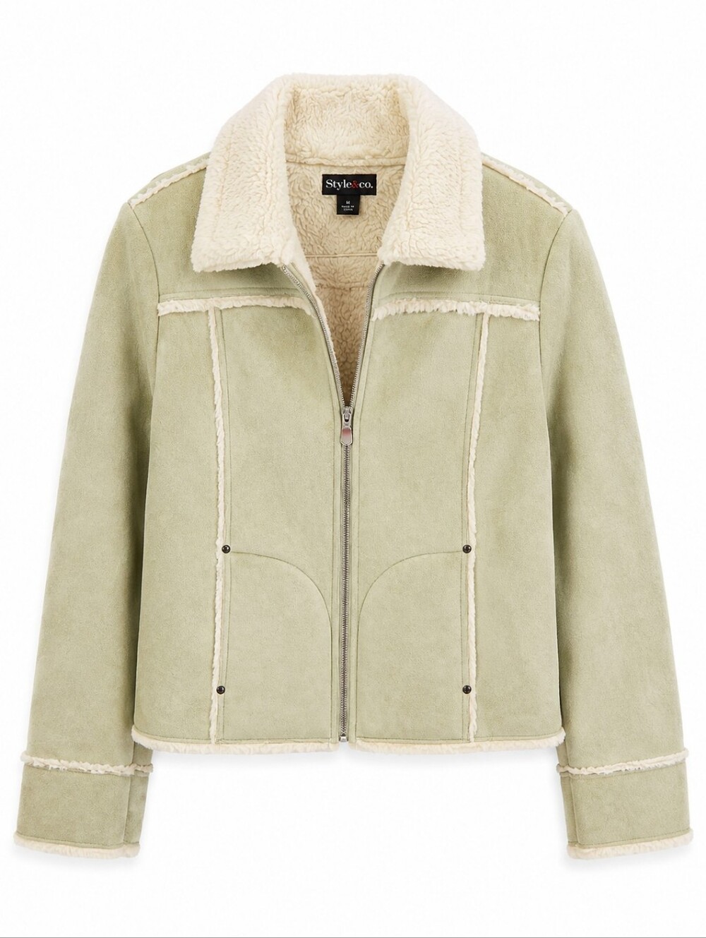 Style & Co Light Lime Faux Suede & Sherpa Jacket, Zip Front, M, Flaw